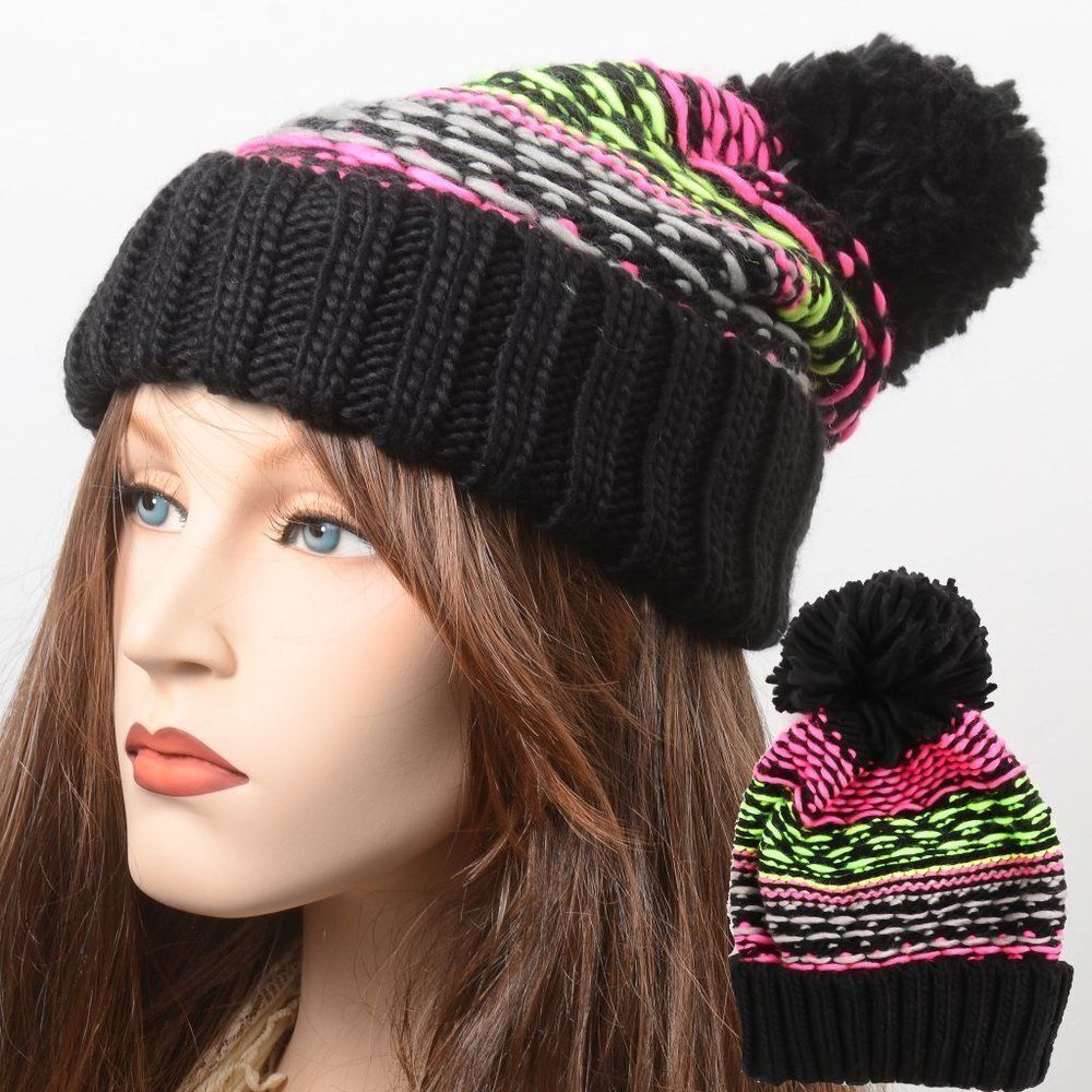 Pink Green Pom Pom Warm Winter Ski Beanie Hat New